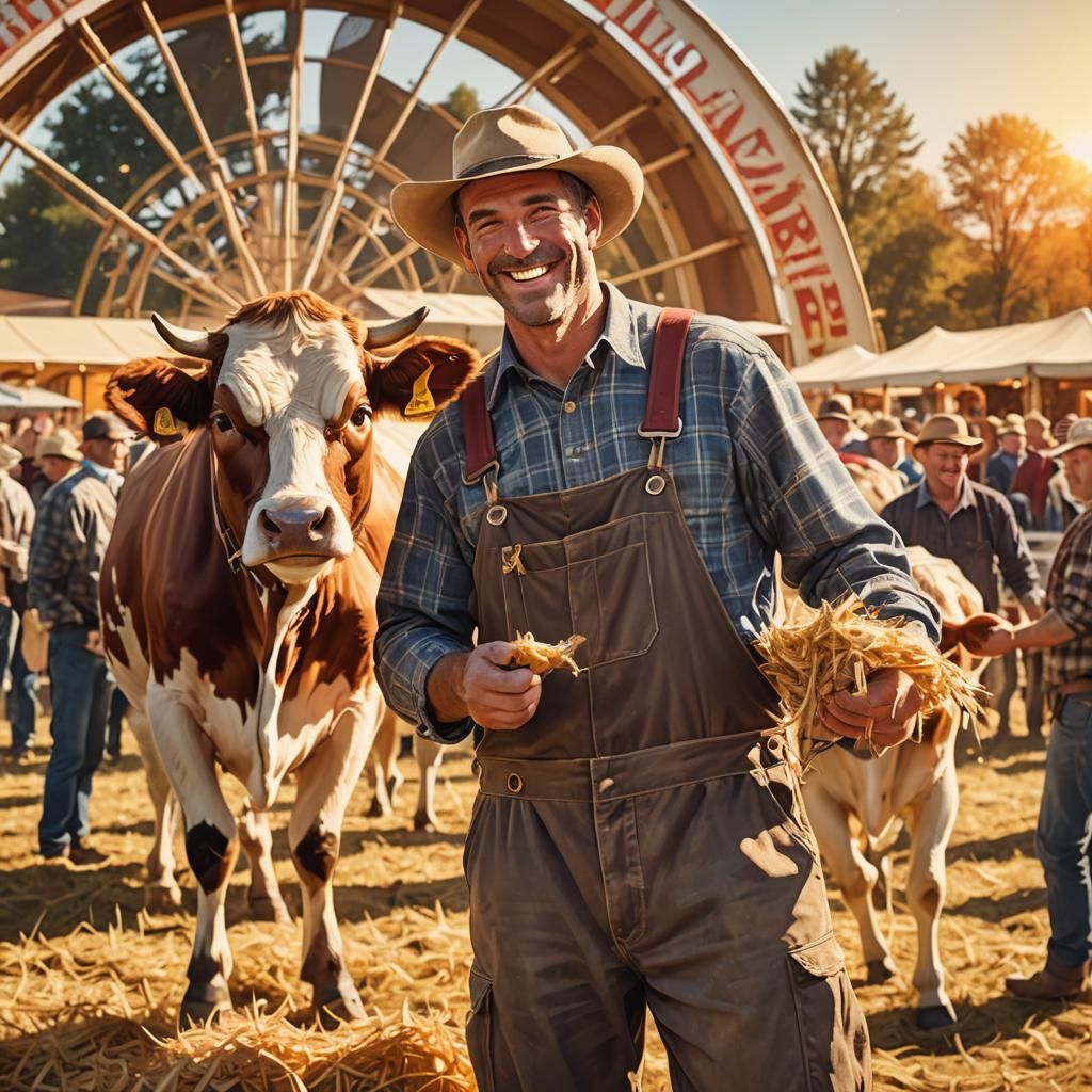 Smiling Farmer at Agricultural Fair: Rustic Illustration