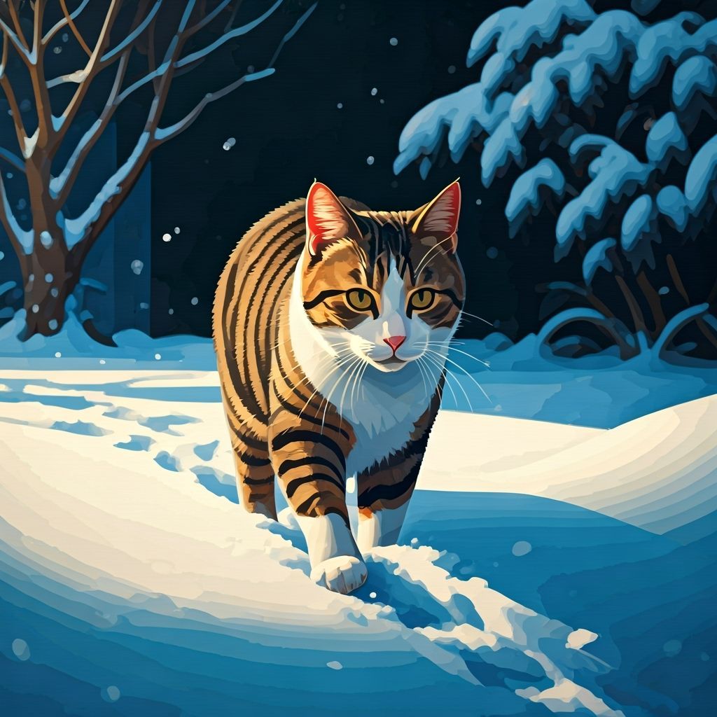 Cubist Cat Wades Through Deep Snow in Garden