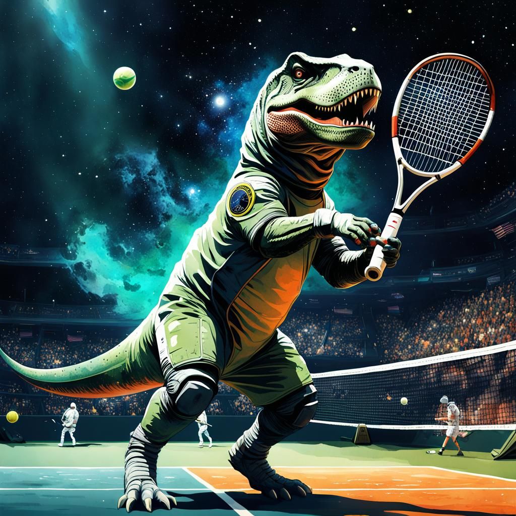 T-Rex Astronaut Plays Tennis in Space Watercolor