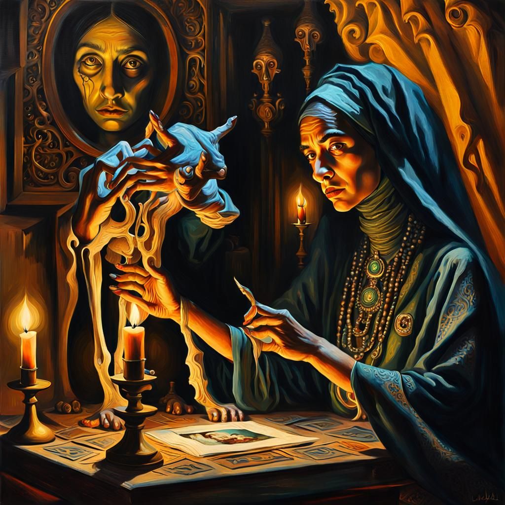 Mystical Arabian Werewolf Witch in Surrealist Oil Painting