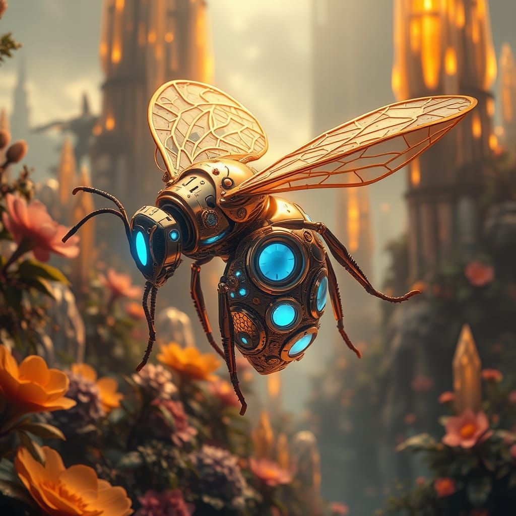 Futuristic Robotic Honey Bee in Sci-Fi Realm