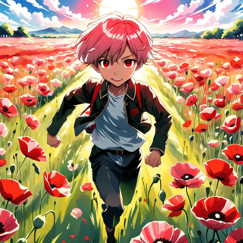 Boy Running in Poppy Field: Anime-Inspired Art