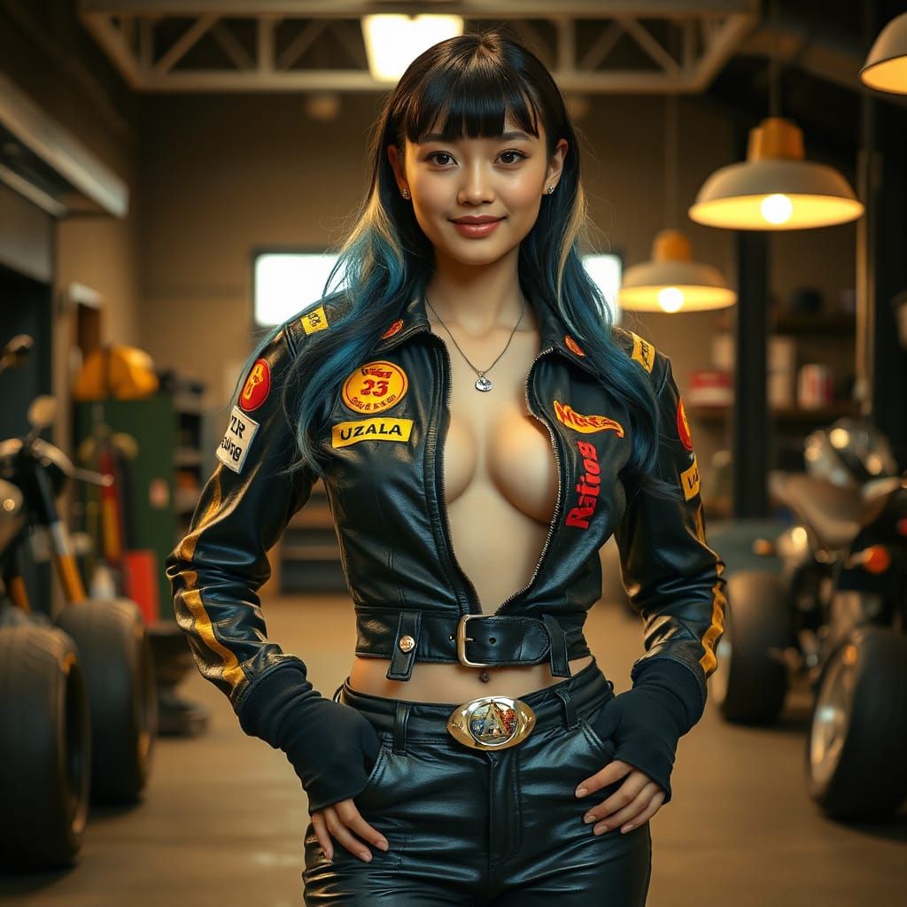 Confident Racer Woman in Dimly Lit Garage