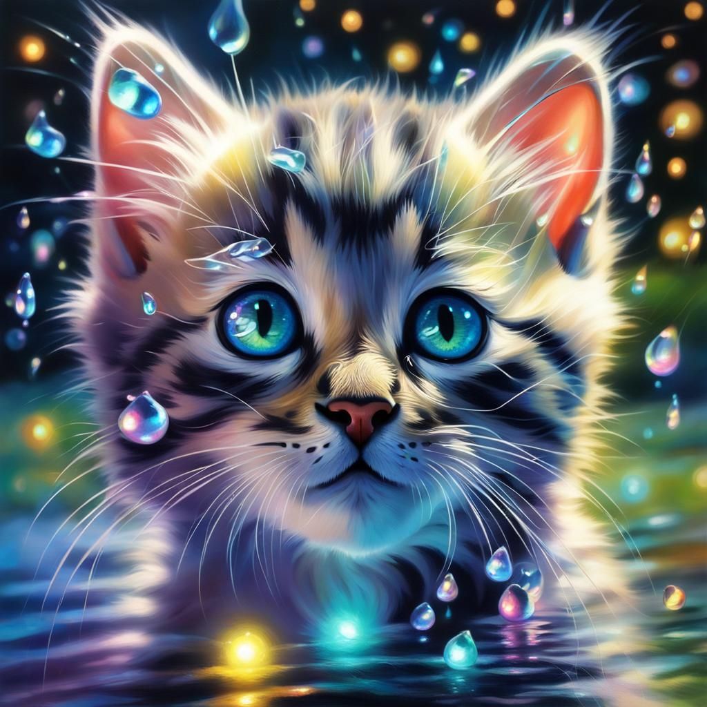 Iridescent Kitten Playing with Glowing Dewdrops