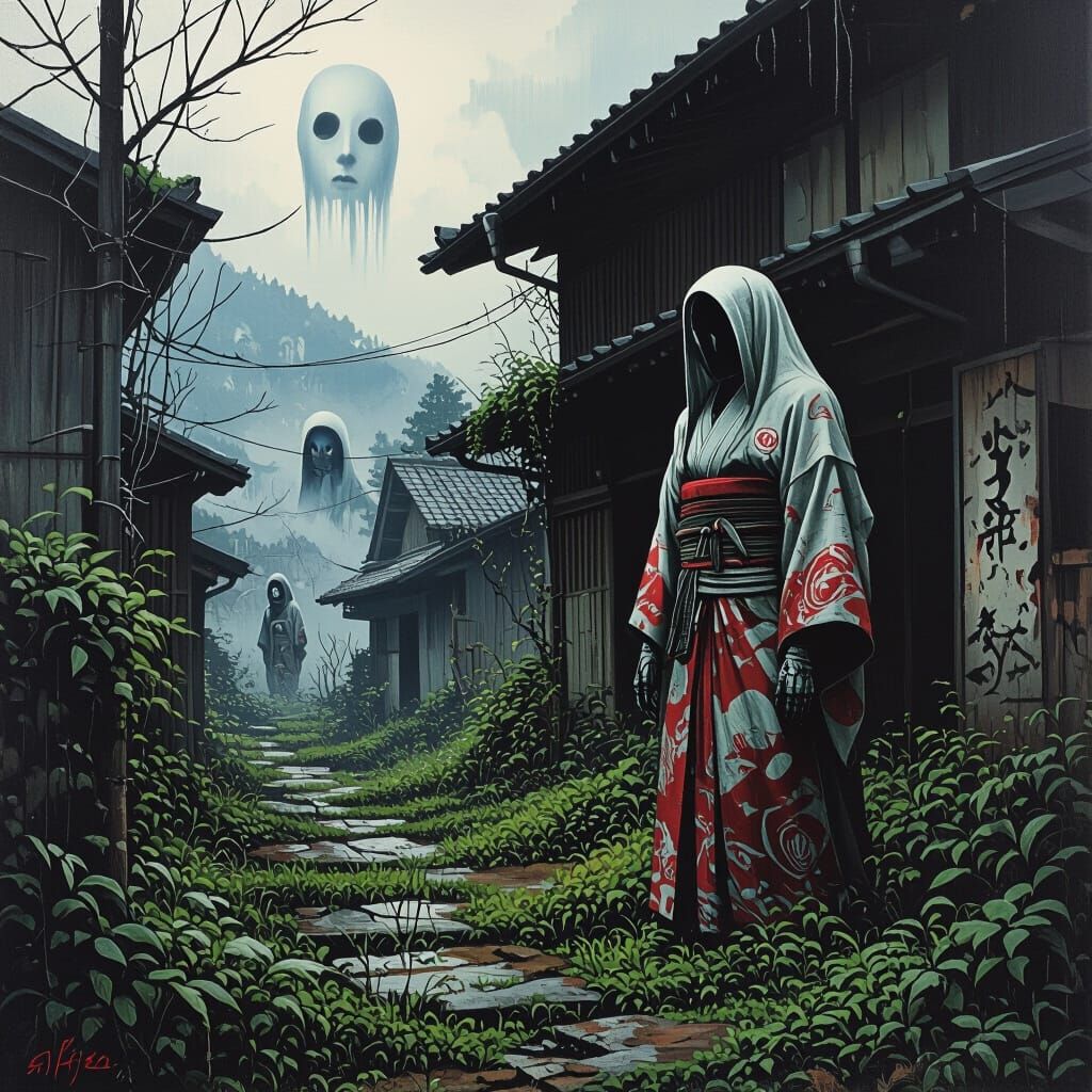 Eerie Abandoned Village with Ghostly Apparitions as Oil Pain...