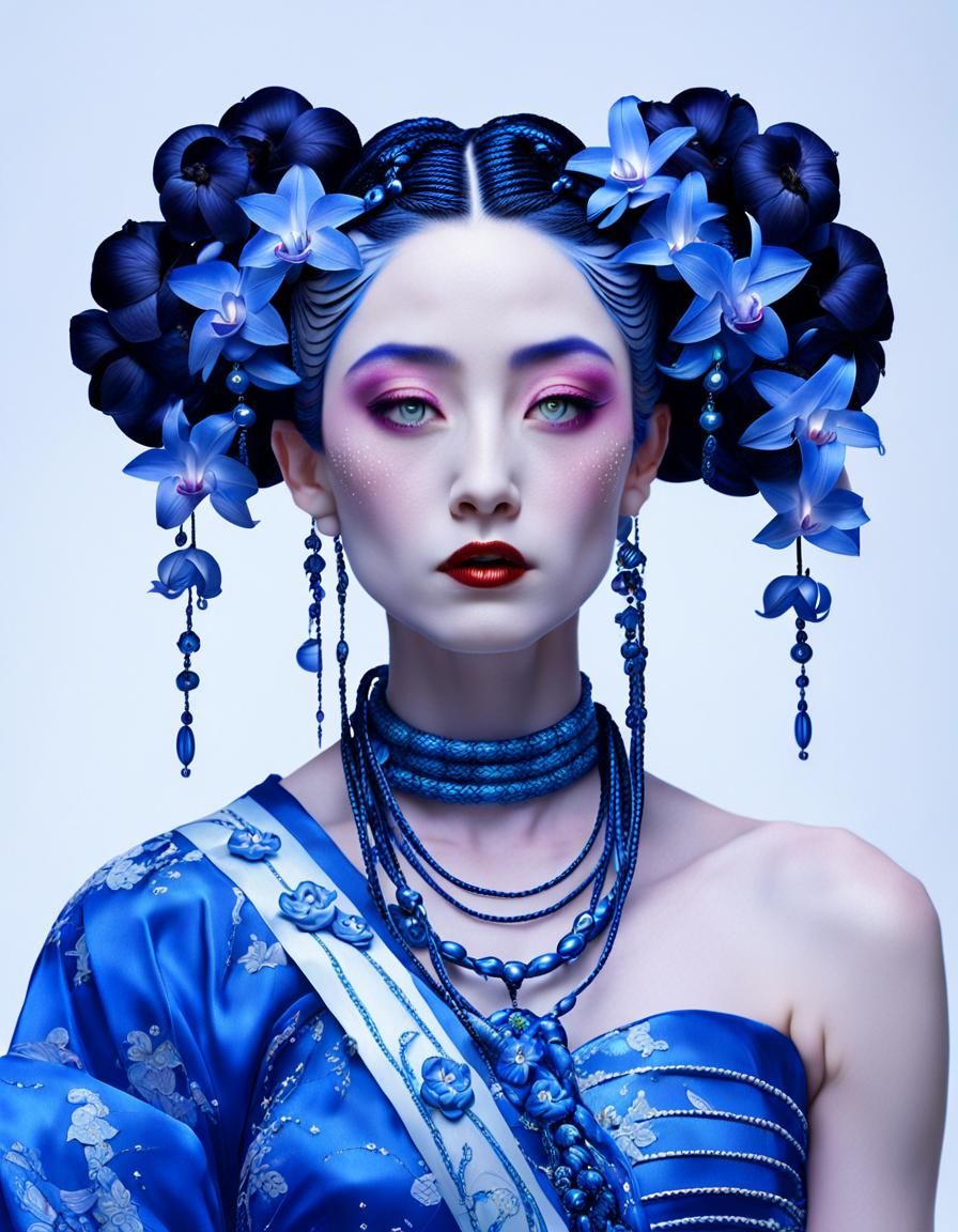 Blue Space Geisha with Moon Beads and Flowers
