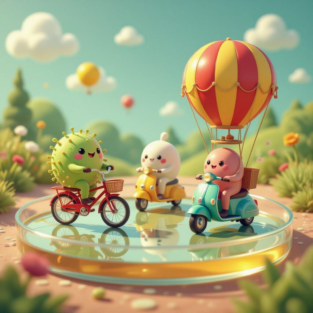 Whimsical Bacteria Ride Tiny Vehicles in Petri Dish