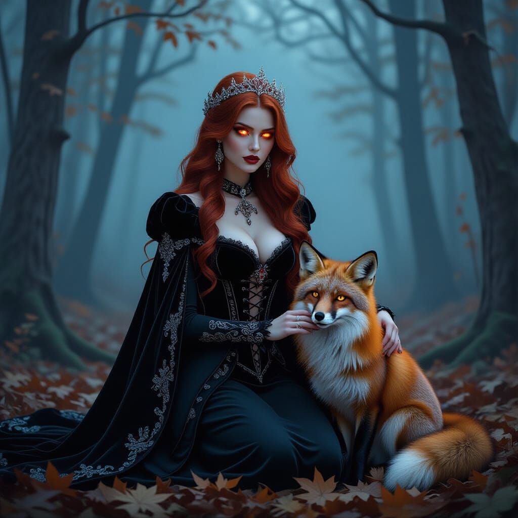 Gothic Vampire Woman with Fox in Moonlit Forest