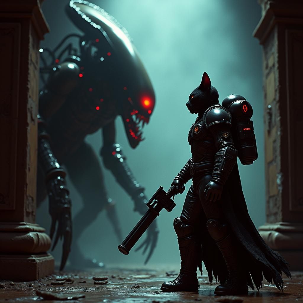 Cat Person Confronts Xenomorph in Warhammer 40K Universe