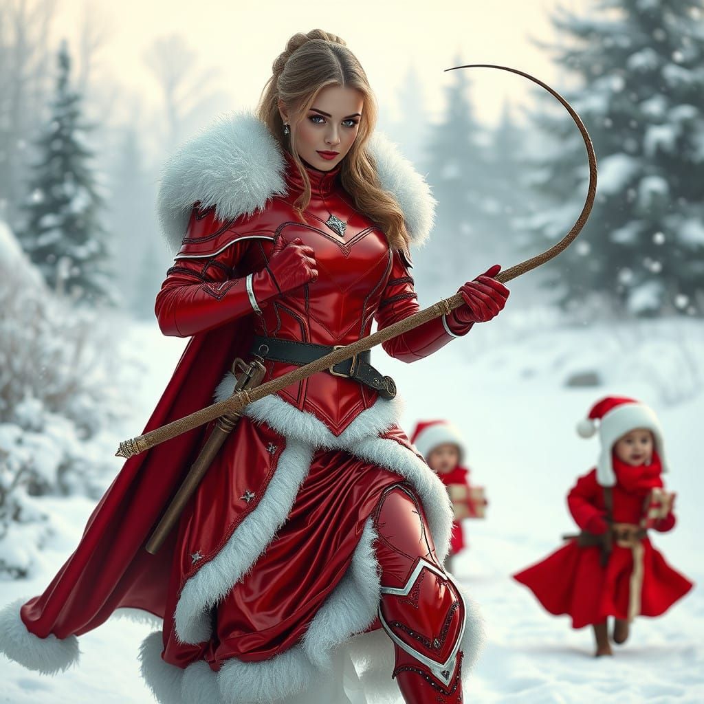 Hyperrealistic Mistress in Red Latex Armor, Holding Whip