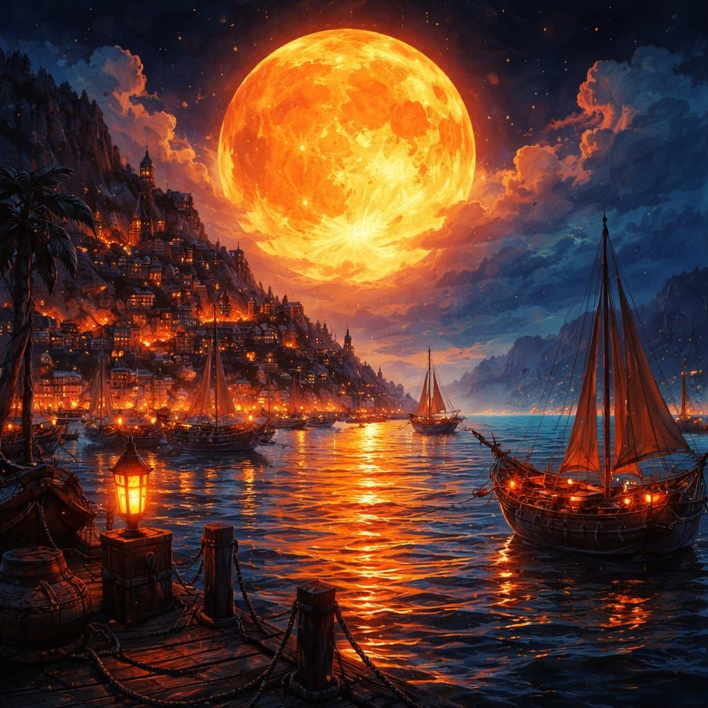 Orange Moon Over Moonlit Harbour Digital Painting