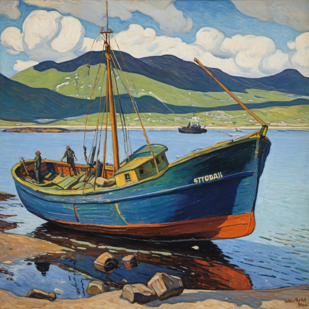Fishing Boat Washed Ashore in a Coastal Landscape