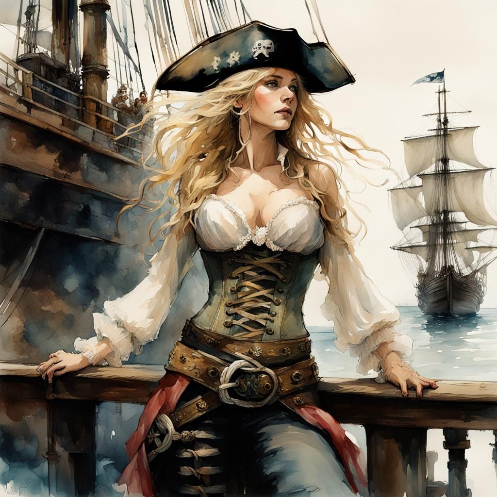 Goddess-Like Pirate with Cat, Watercolor and Ink