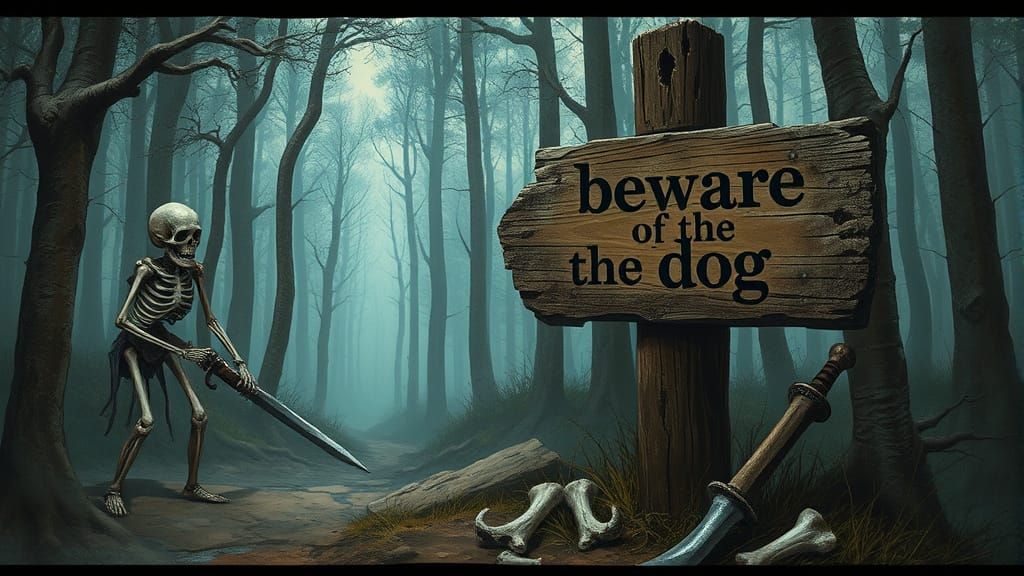 Skeletons Hesitate at Haunted Forest Sign