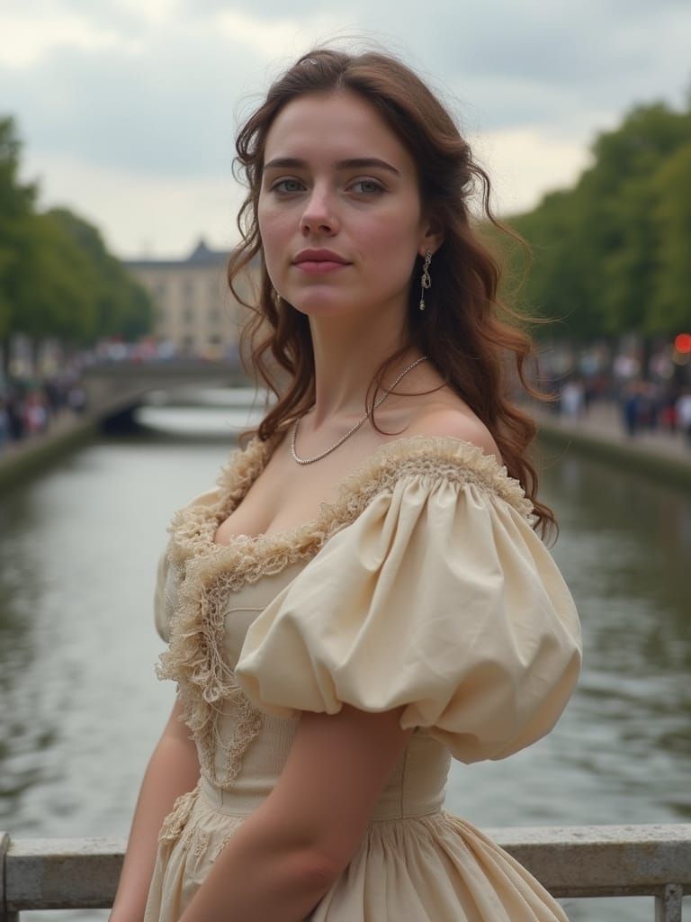 Victorian Lady by the Thames in Elegant Flounced Day Dress