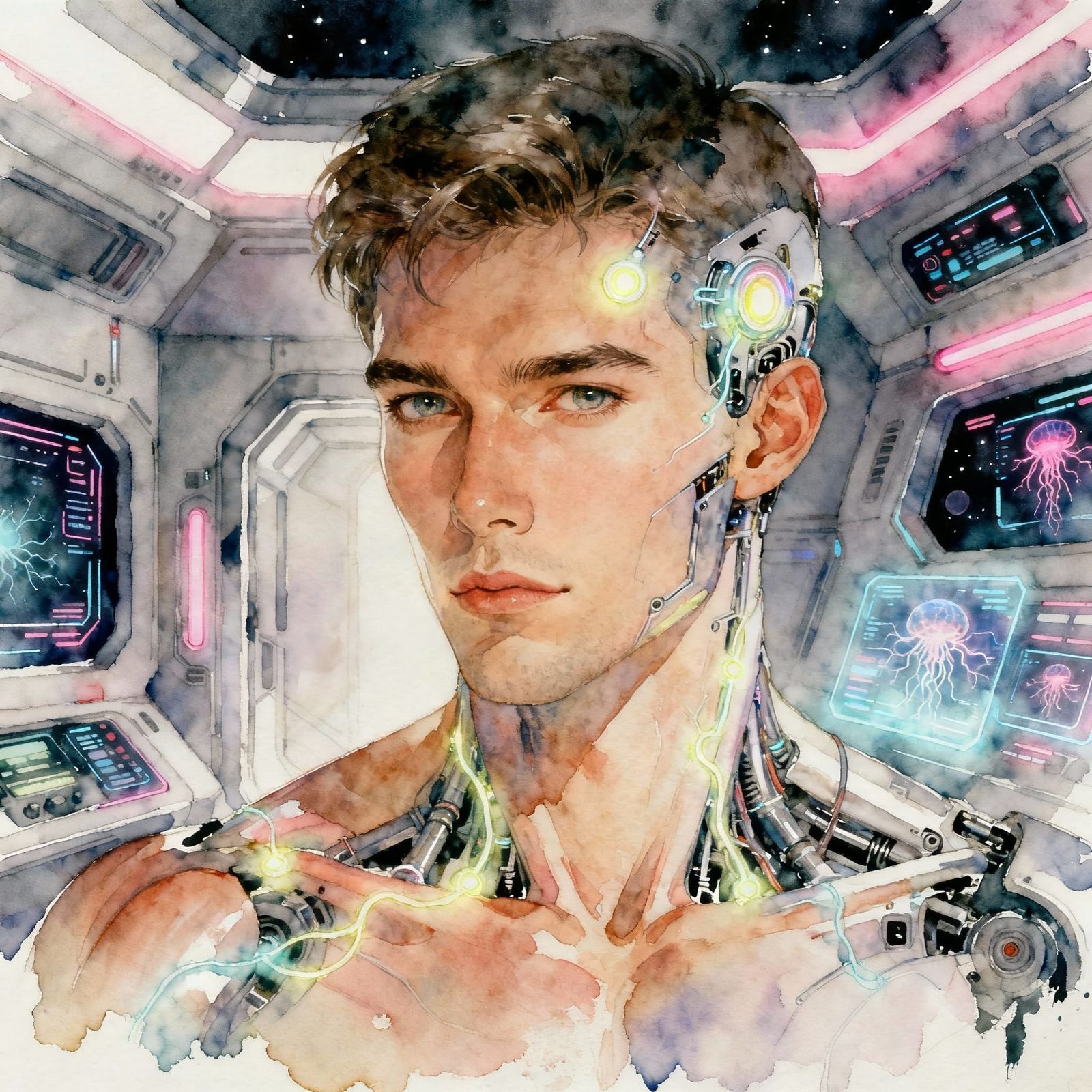 Handsome Cyborg Portrait in Ethereal Watercolor Style