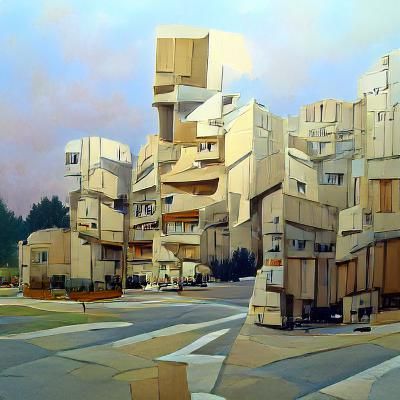 Cubist Brutalist Neighborhood in Pale Colors