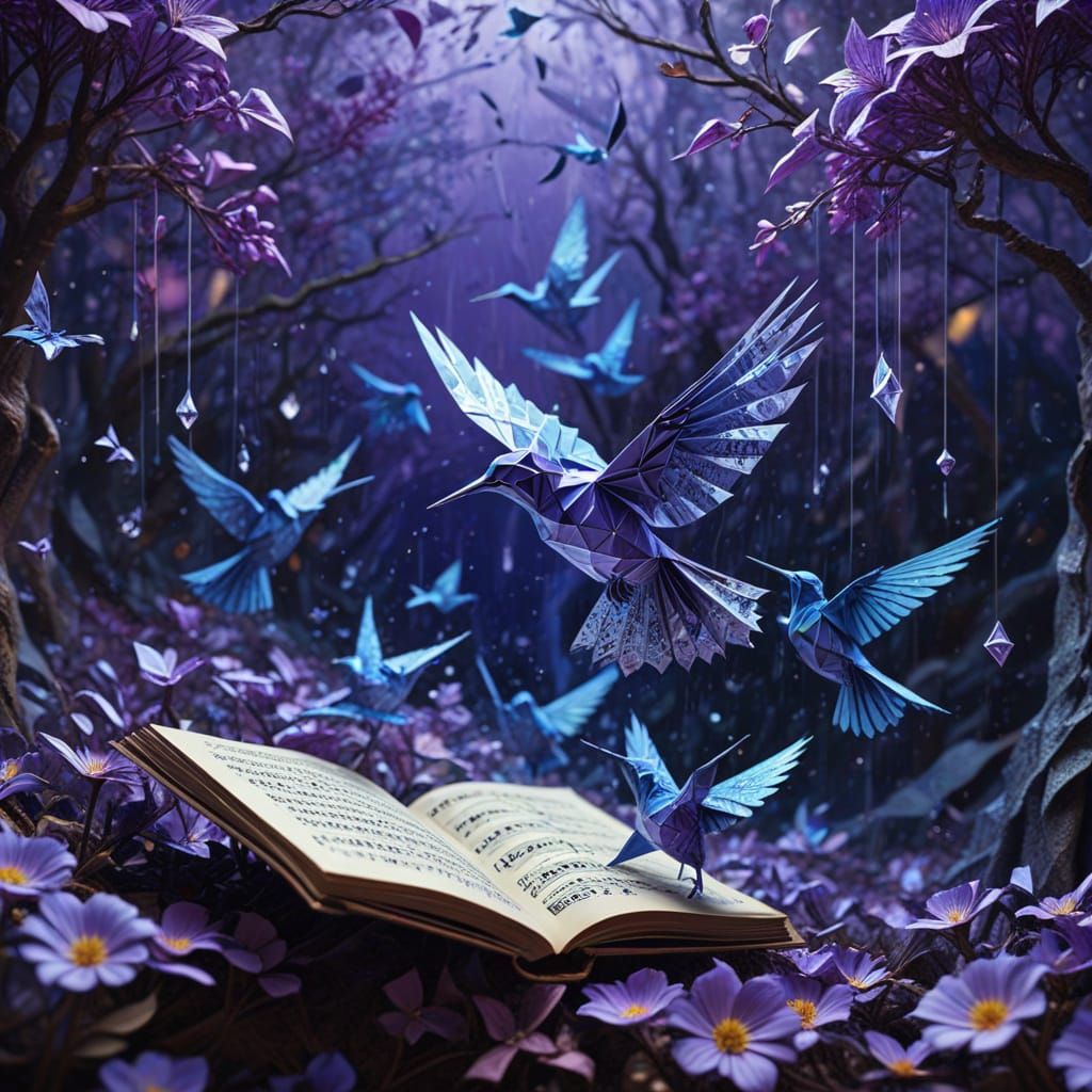Surreal Flowers Bloom in Digital Rain, Origami Birds Ascend