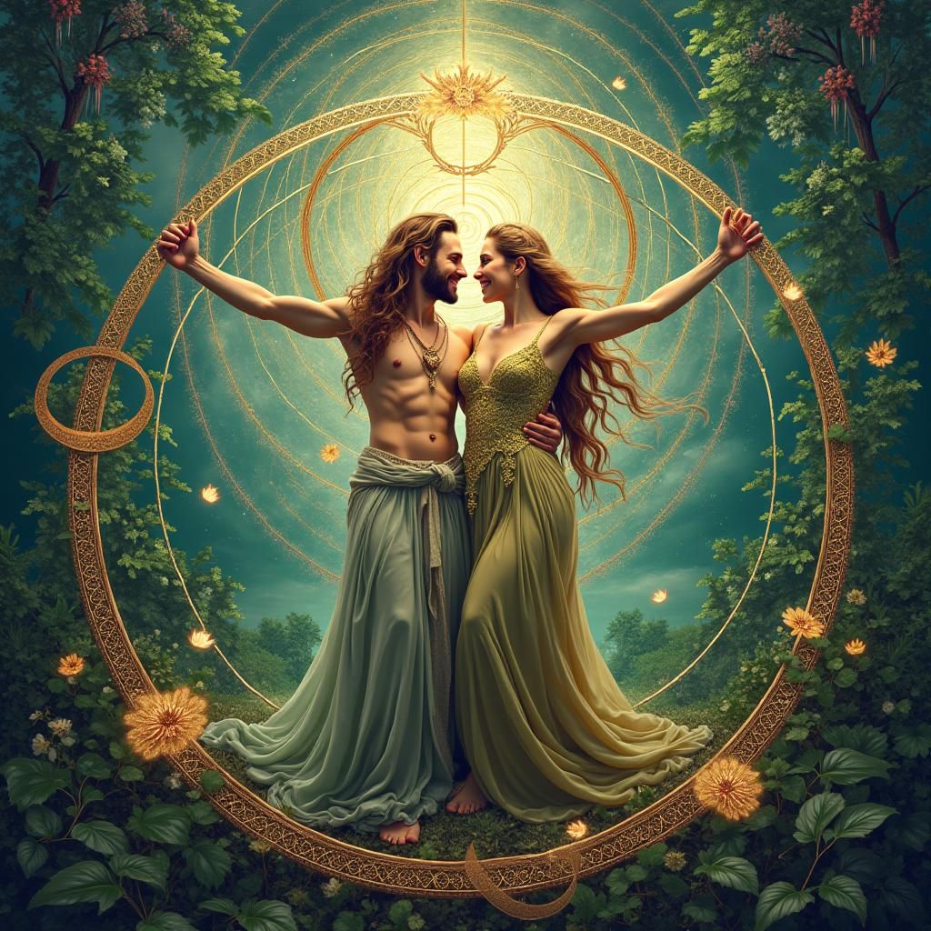 Utopian Vitruvian Couple in Surreal Landscape