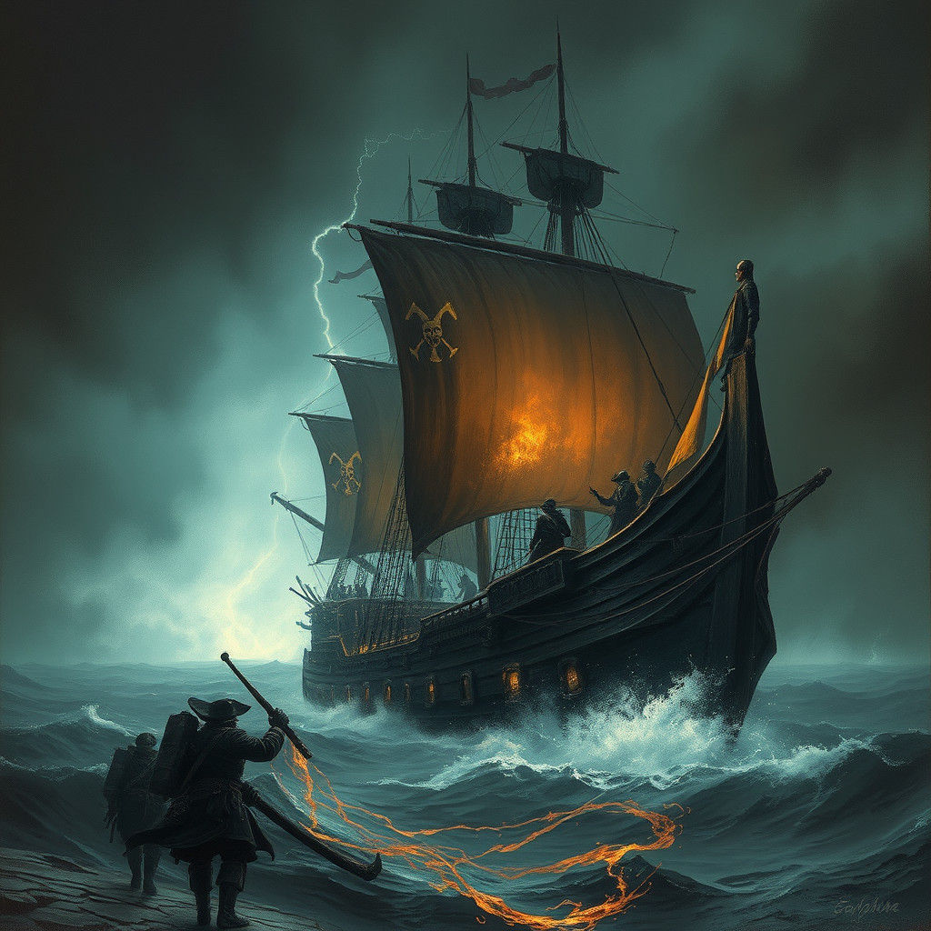 Ghostly Pirates Sail in a Lightning Storm