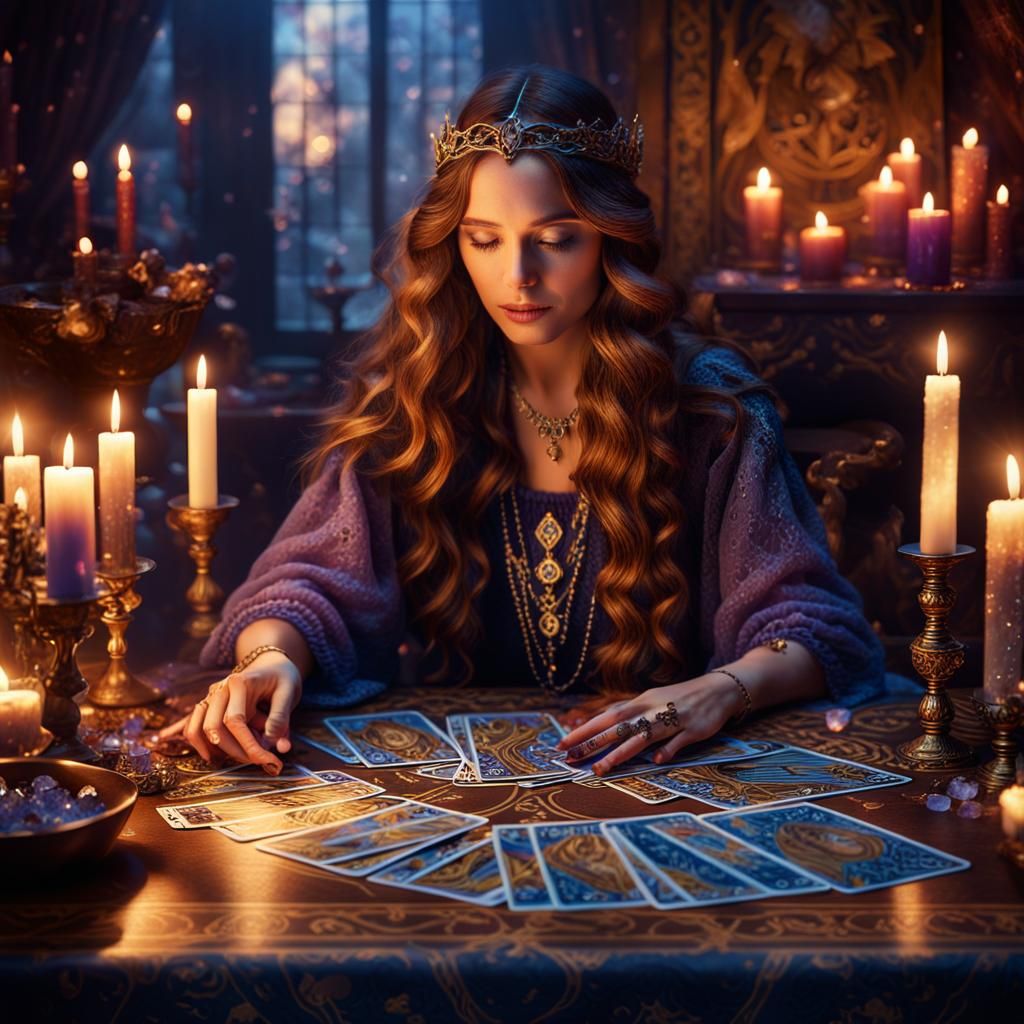 Mysterious Woman Playing Tarot Cards in Fantasy Art