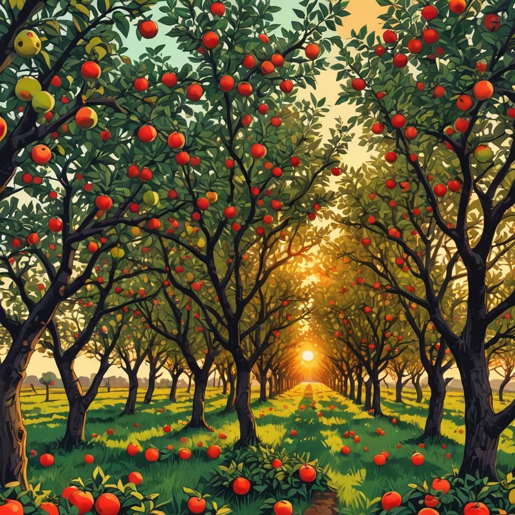 Apple Orchard Sunset in Geometric Pop Art Style