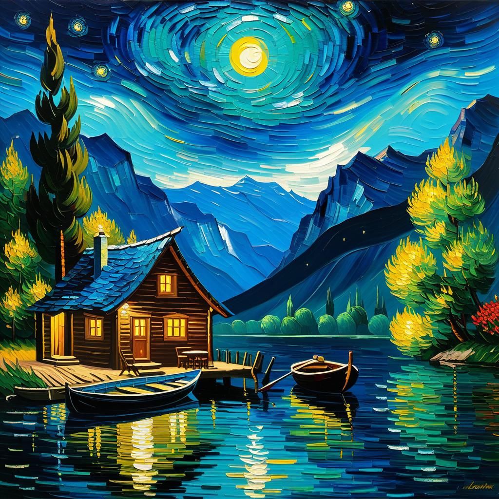 Van Gogh Style Cabin on Lake
