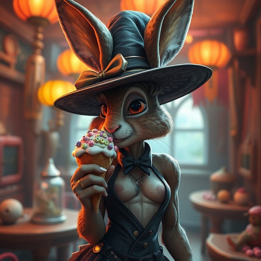 Stylish Witch Rabbit with Ice Cream, Fantasy Art
