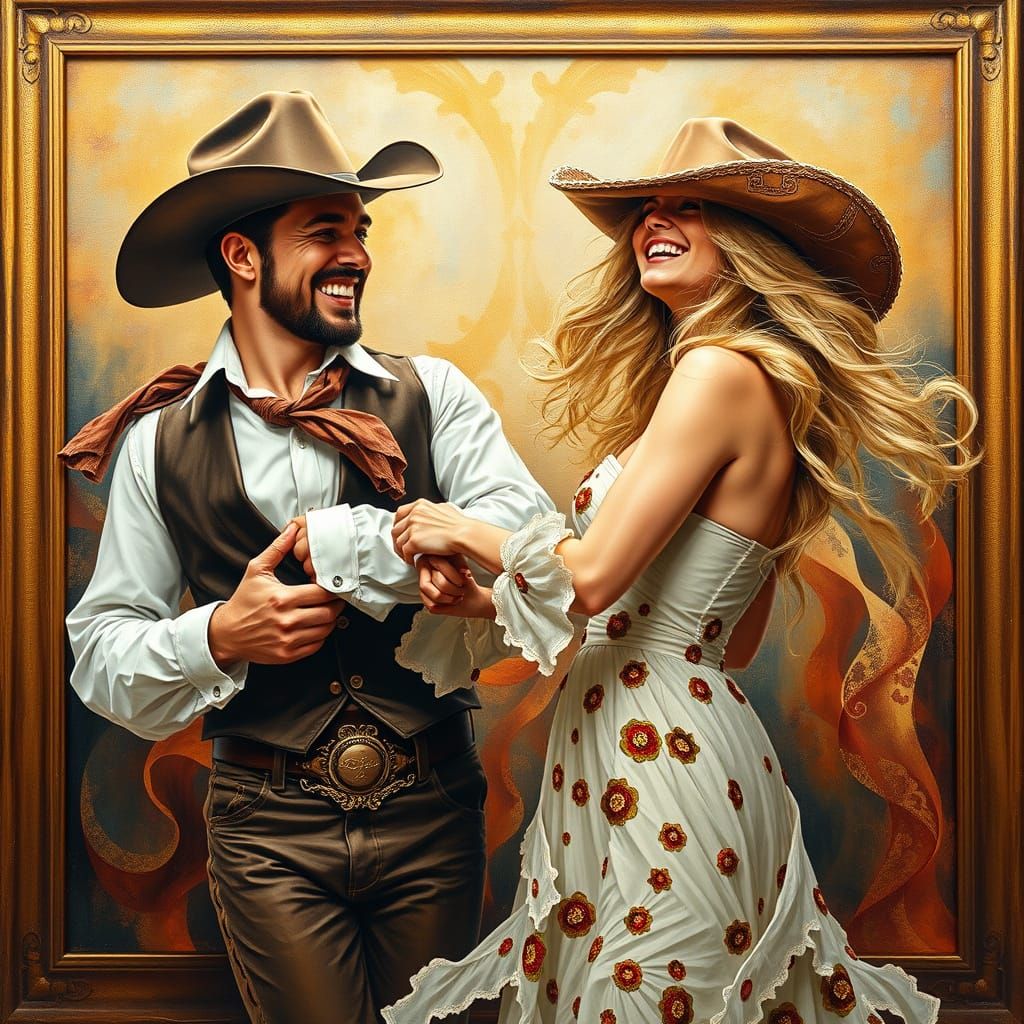 Vibrant Oil Painting of Joyful Cowboy Scientist and Radiant ...