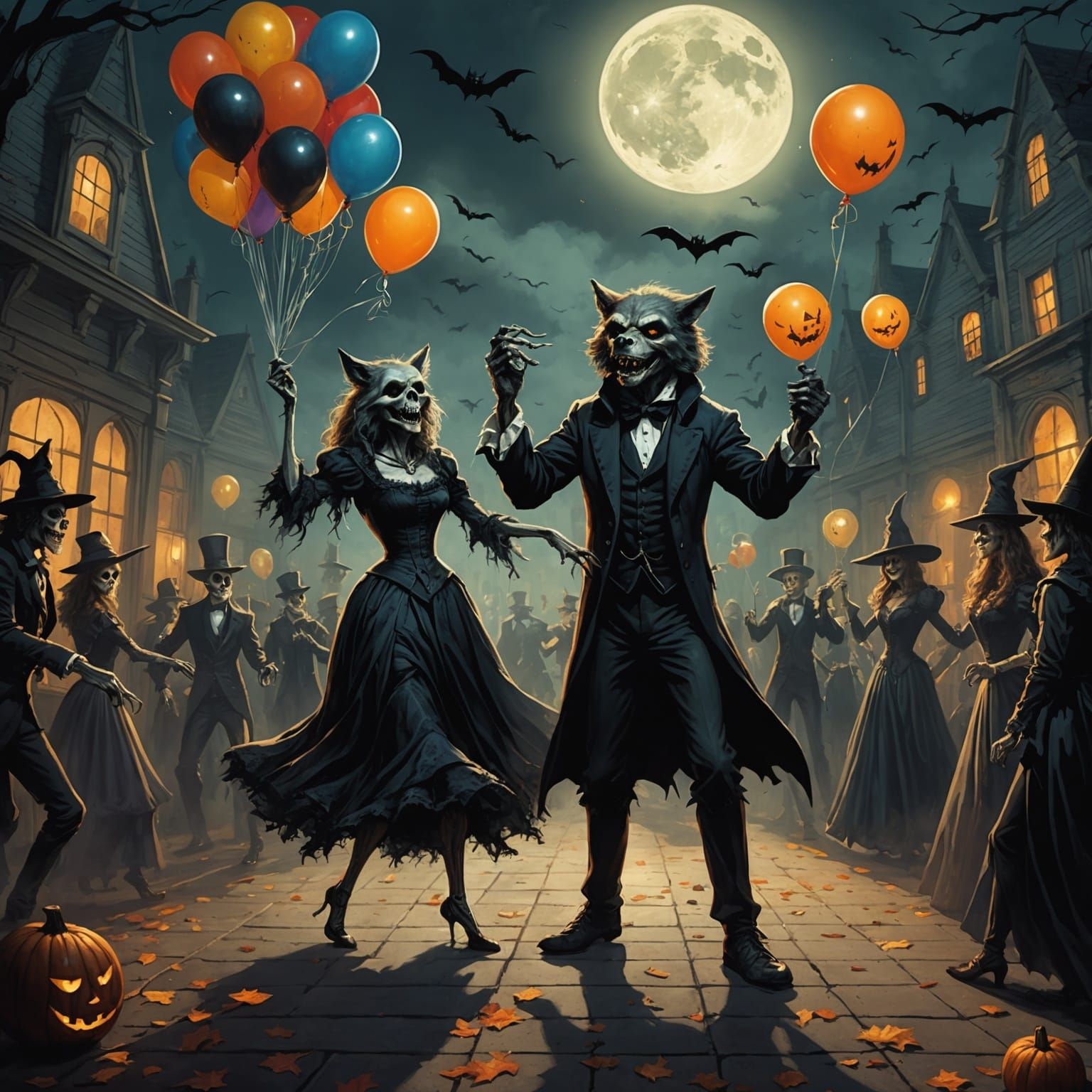 Halloween high school prom werewolves witches skeletons dancing disco balloons