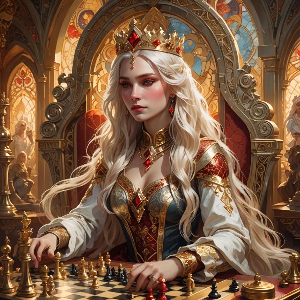 Art Nouveau Queen Playing Chess in Vault