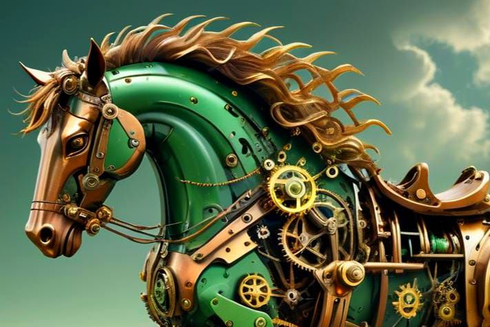 Steampunk Mechanical Horse Galloping on Green Hills
