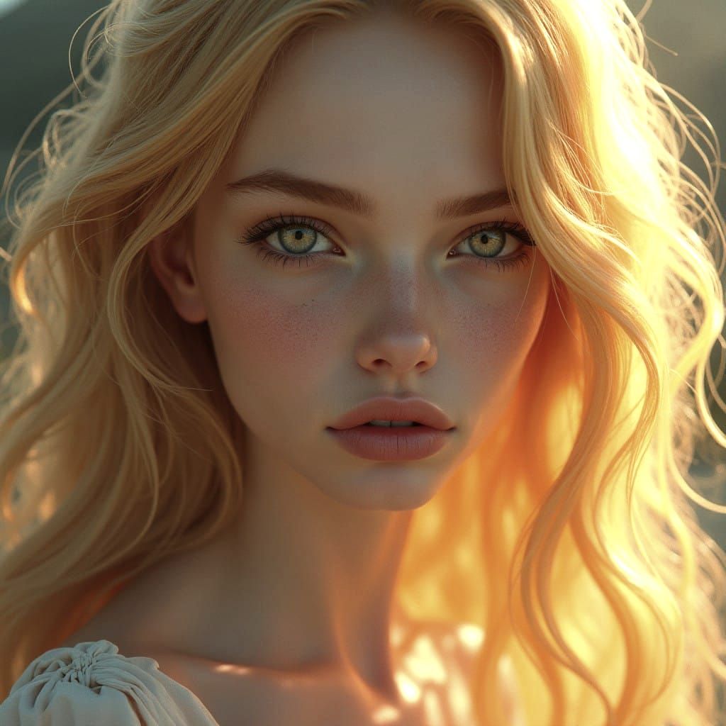 Sister Golden Hair Portrait in Hyperdetailed, Triadic Colors