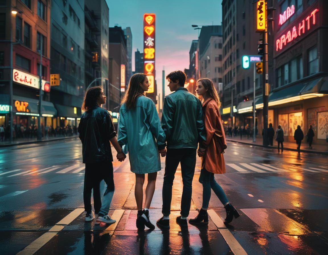 Romantic Couple Crossing Street at Night