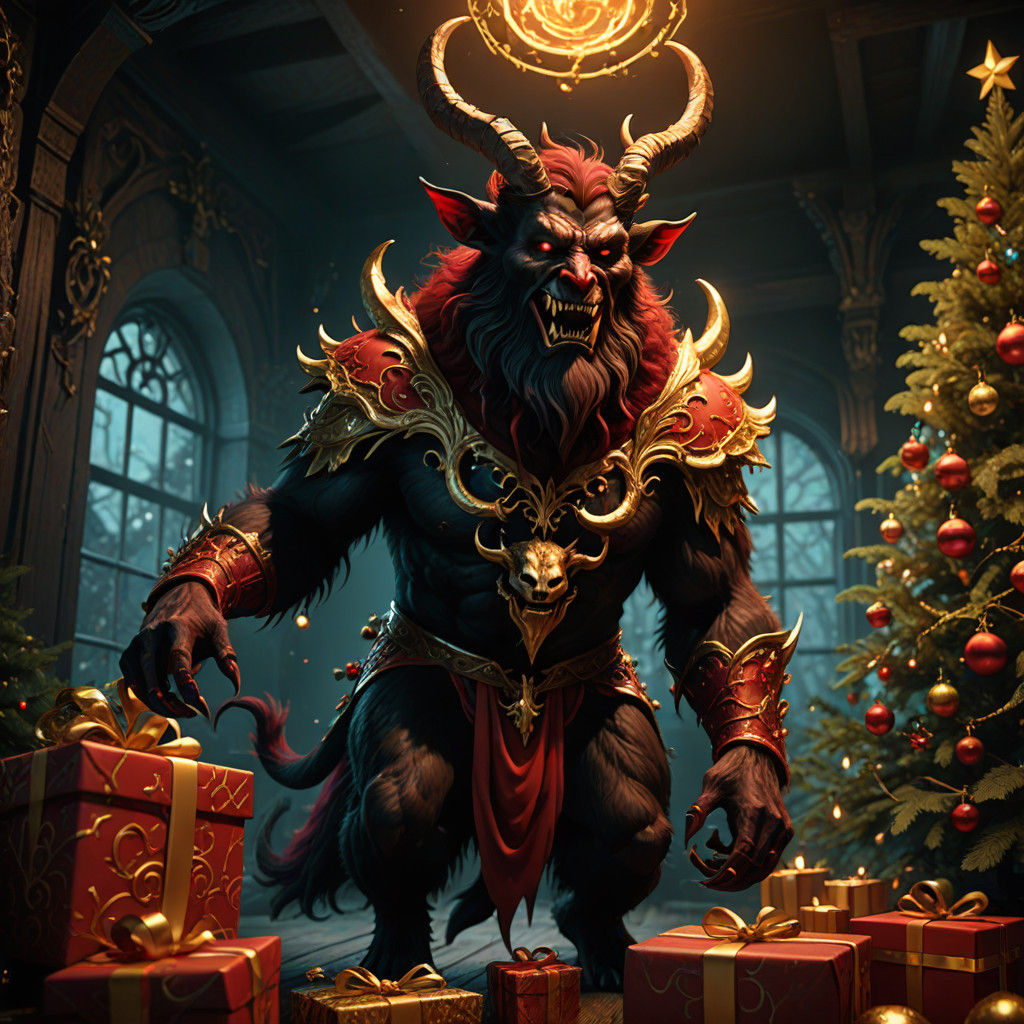 Krampus Steals Presents in a Vibrant, Dark Fantasy Scene