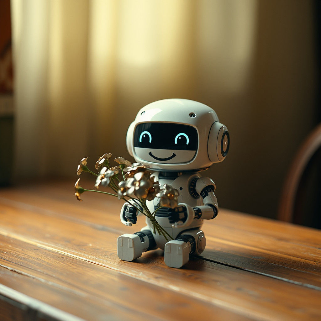 Enchanting Chibi Robot with Metallic Flowers