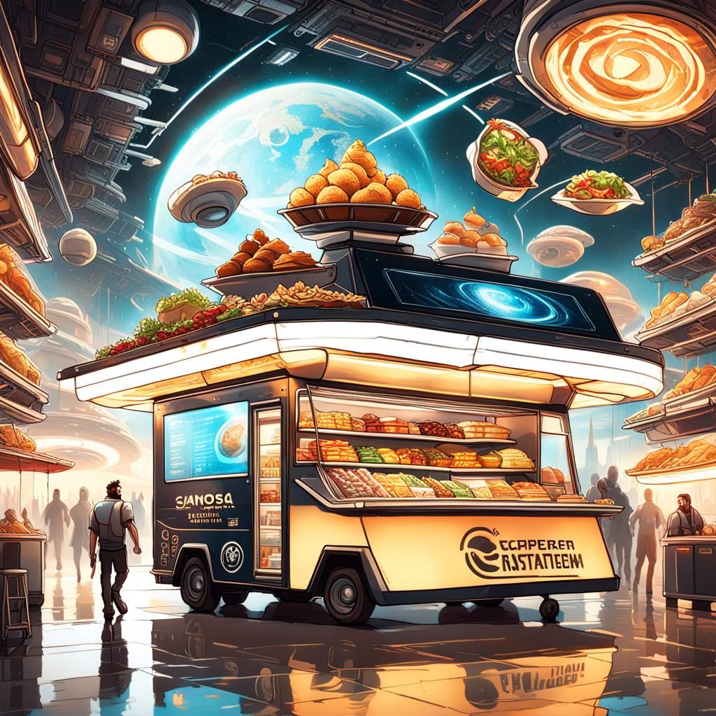 Futuristic Food Truck in Space: Holographic Cosmic Art