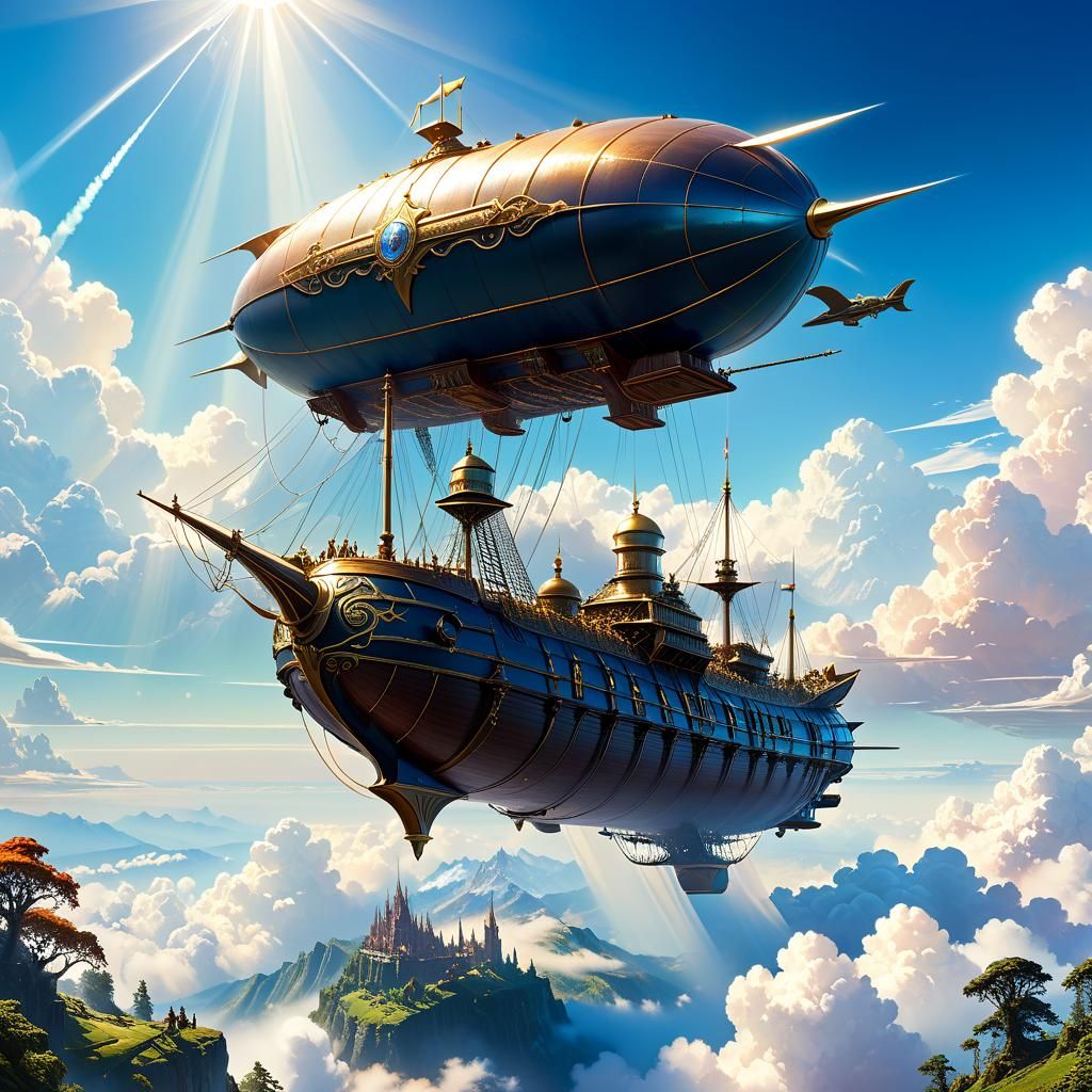 Magic Airship Soaring Above Clouds, Digital Painting