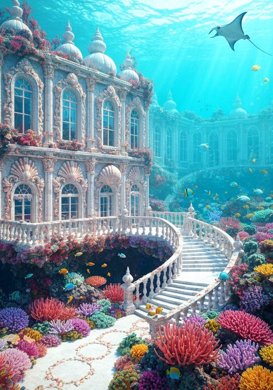 Underwater Rococo Palace Made of Seashells in Photorealistic...