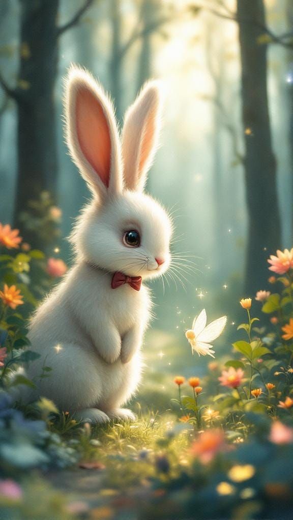 Fluffy Bunny and Fairy in Whimsical Forest
