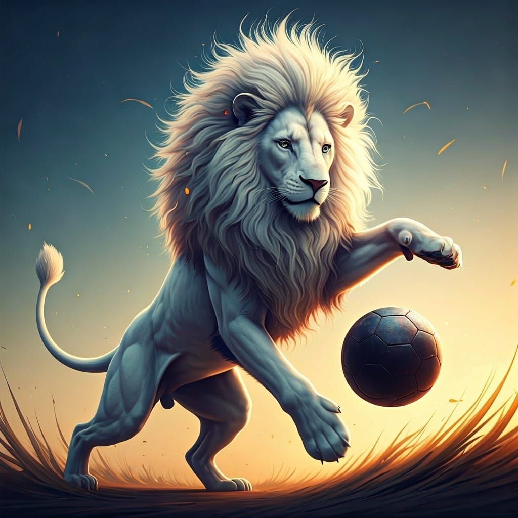 Majestic White Lion Kicks Soccer Ball in Dreamlike Atmospher...