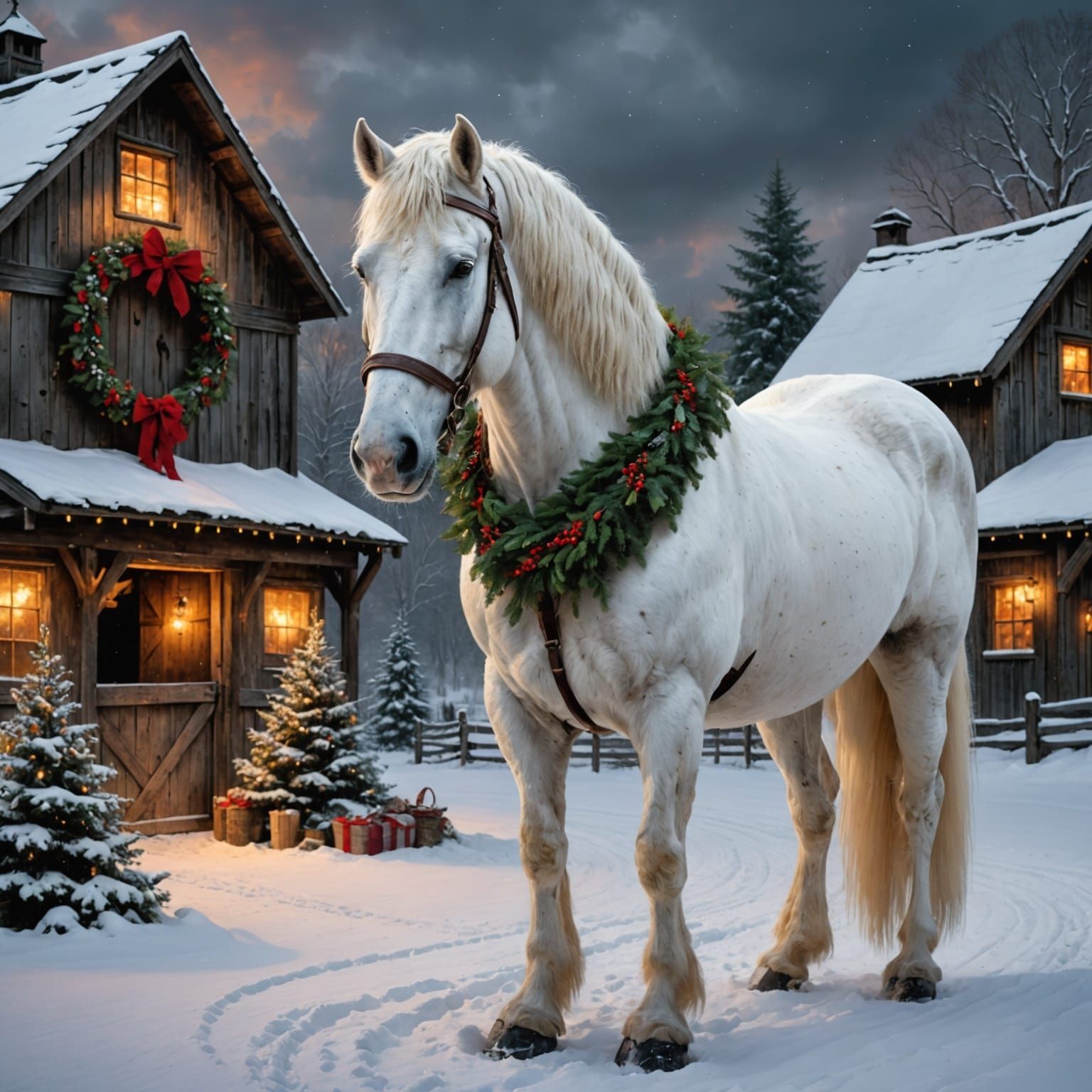 Majestic White Horse with Holiday Wreath in Snow