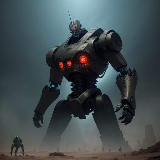 Epic Robot vs Alien Battle in Desolate Wasteland