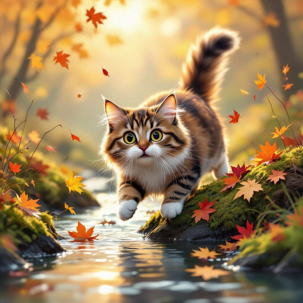 Whimsical Cat Falling from Log in Alcohol Ink Style