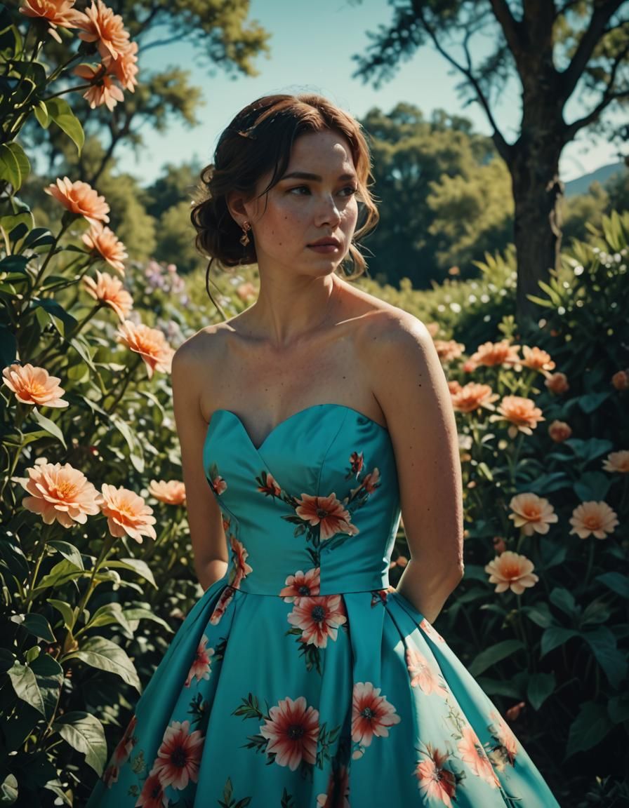 floral cyan strapless dress