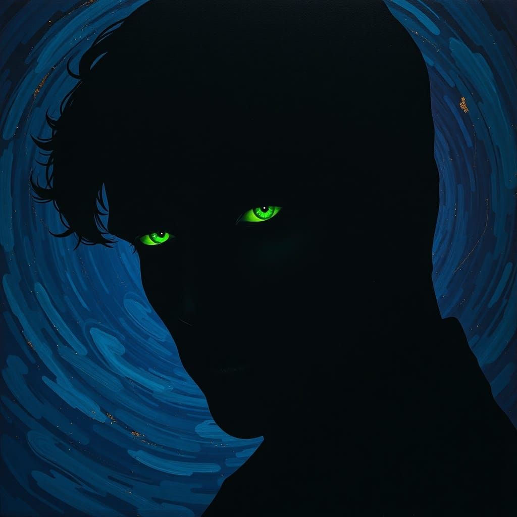 Man's Silhouette With Piercing Green Eyes, Neo-Baroque Oil P...