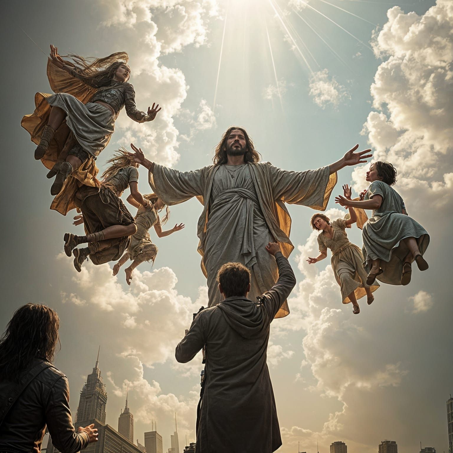 Jesus Ascends with Raptured Mass in Cyberpunk Realism