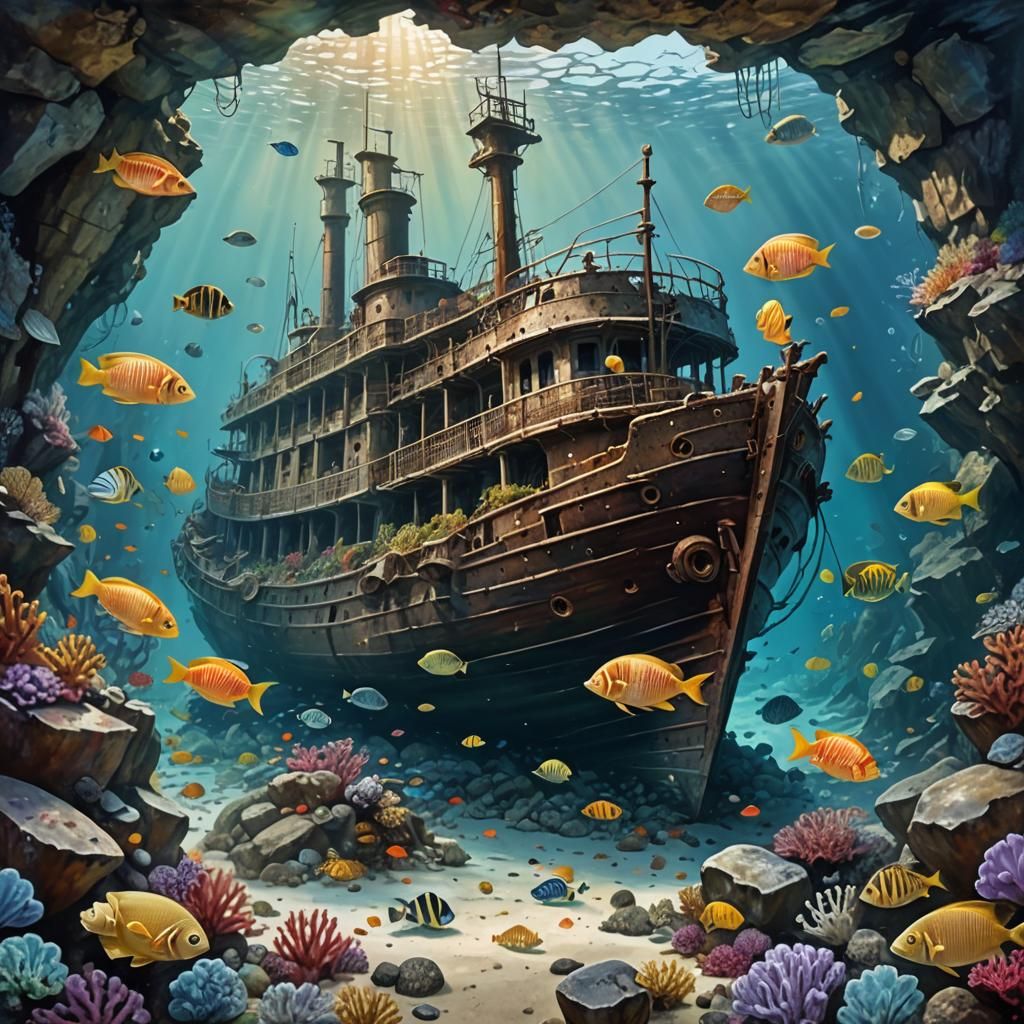 Underwater Steamboat Wreck in Acrylic Painting Style
