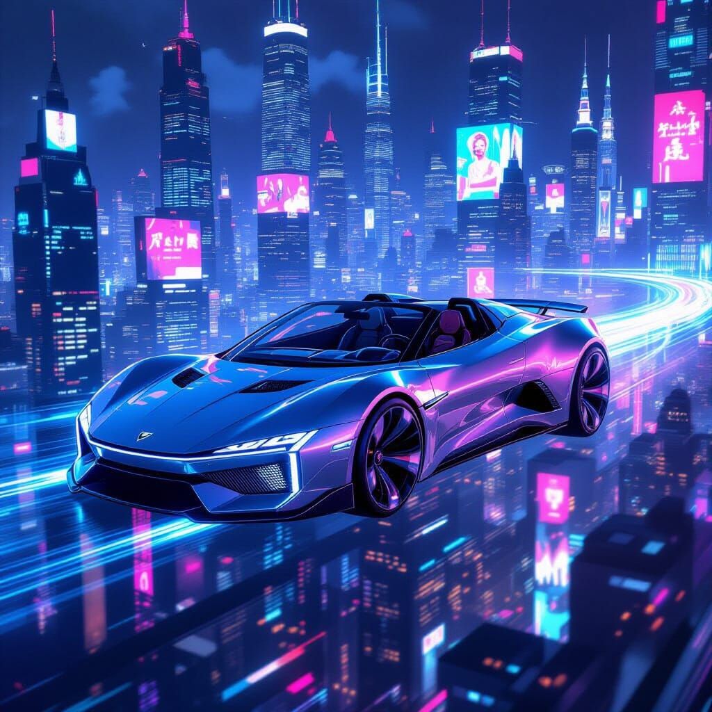 Futuristic Flying Car Over Neon Cityscape