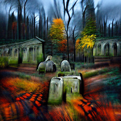 Haunted Cemetery in Dark Autumn Forest